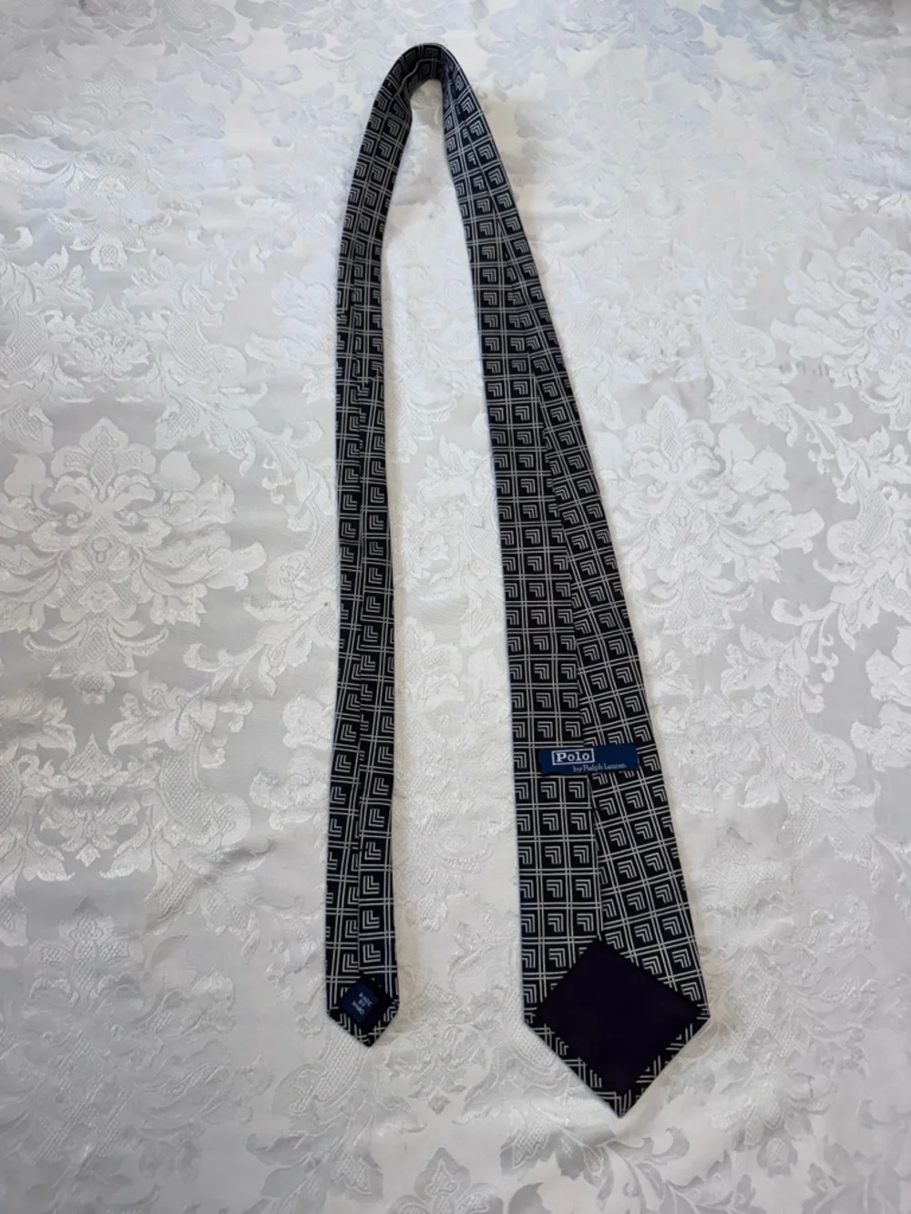 Polo By Ralph Lauren Vintage Silk Tie‎ Black White Geometric Grid Old Money Work